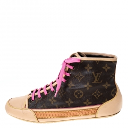 مملوكة مسبقًا Louis Vuitton Brown Monogram Canvas and Leather Match Up High Top Sneakers Size 40