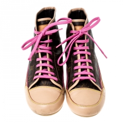 مملوكة مسبقًا Louis Vuitton Brown Monogram Canvas and Leather Match Up High Top Sneakers Size 40