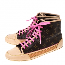مملوكة مسبقًا Louis Vuitton Brown Monogram Canvas and Leather Match Up High Top Sneakers Size 40