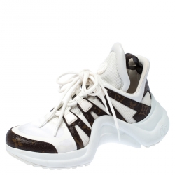 Louis Vuitton White/Brown Leather And Monogram Canvas Archlight Lace Up Sneakers Size 38
