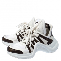Louis Vuitton White/Brown Leather And Monogram Canvas Archlight Lace Up Sneakers Size 38