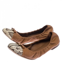مملوكة مسبقًا حذاء باليرينا فلات لوي فيتون ايلبا مقدمة بيج جلد و جلد ثعبان بني فاتح و بيج مقاس 37 