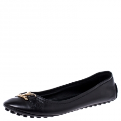 Pre Owned حذاء باليرينا فلات لوي فيتون مزين شعار الماركة جلد أسود مقاس 38.5