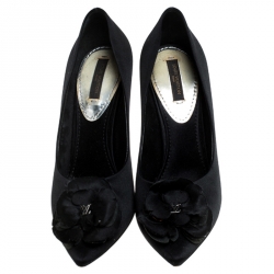 Pre Owned Louis Vuitton Black Satin Flower Embellished Pointed Toe Pumps Size 37