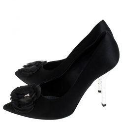 Pre Owned Louis Vuitton Black Satin Flower Embellished Pointed Toe Pumps Size 37