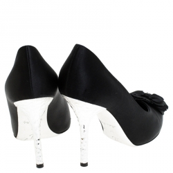 Pre Owned Louis Vuitton Black Satin Flower Embellished Pointed Toe Pumps Size 37