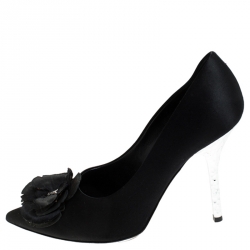 Pre Owned Louis Vuitton Black Satin Flower Embellished Pointed Toe Pumps Size 37