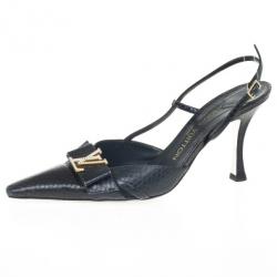 Pre Owned Louis Vuitton Black Embossed Pointed Toe Slingback Sandals Size 39.5