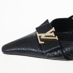Pre Owned Louis Vuitton Black Embossed Pointed Toe Slingback Sandals Size 39.5