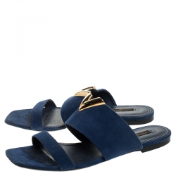 Louis Vuitton Blue Suede V Cut Flat Sandals Size 40