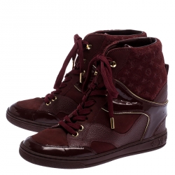 Pre Owned Louis Vuitton Burgundy Monogram Suede And Leather Cliff Top Sneakers Wedge Size 36