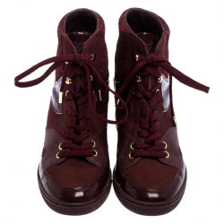 Pre Owned Louis Vuitton Burgundy Monogram Suede And Leather Cliff Top Sneakers Wedge Size 36
