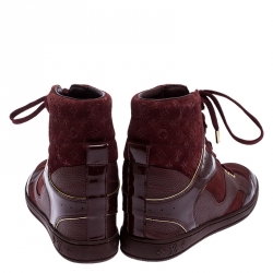 Pre Owned Louis Vuitton Burgundy Monogram Suede And Leather Cliff Top Sneakers Wedge Size 36