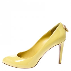 Pre Owned حذاء كعب عالي لوي فيتون او ريالي! مقدمة مفتوحة نعل سميك جلد لامع أصفر مقاس 39.5