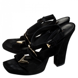 Pre Owned Louis Vuitton Black Suede Medallion Sandals Size 39.5