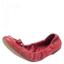 Pre Owned Louis Vuitton Red Monogram Mahina Leather Bow Scrunch Ballet Flats Size 37.5