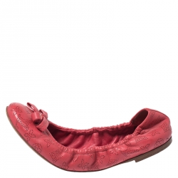 Pre Owned Louis Vuitton Red Monogram Mahina Leather Bow Scrunch Ballet Flats Size 37.5