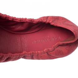 Pre Owned Louis Vuitton Red Monogram Mahina Leather Bow Scrunch Ballet Flats Size 37.5