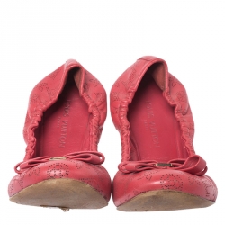 Pre Owned Louis Vuitton Red Monogram Mahina Leather Bow Scrunch Ballet Flats Size 37.5