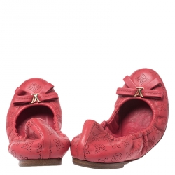 Pre Owned Louis Vuitton Red Monogram Mahina Leather Bow Scrunch Ballet Flats Size 37.5