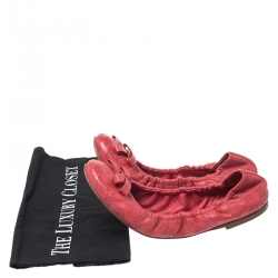 Pre Owned Louis Vuitton Red Monogram Mahina Leather Bow Scrunch Ballet Flats Size 37.5