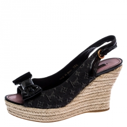 Pre Owned Louis Vuitton Black Monogram Denim Bow Espadrille Wedge Sandals Size 38.5