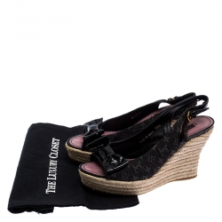 Pre Owned Louis Vuitton Black Monogram Denim Bow Espadrille Wedge Sandals Size 38.5
