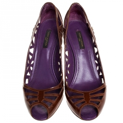 Pre Owned  حذاء كعب عالي كريستيان لوبوتان مقدمة مفتوحة جلد قصات ليزر بني مقاس 38.5