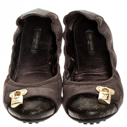 Pre Owned Louis Vuitton Brown Monogram Canvas and Iridescent Calf Leather Scrunch Lucky Ballet Flats Size 39