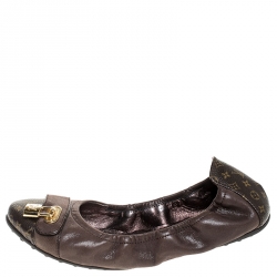 Pre Owned Louis Vuitton Brown Monogram Canvas and Iridescent Calf Leather Scrunch Lucky Ballet Flats Size 39
