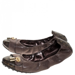Pre Owned Louis Vuitton Brown Monogram Canvas and Iridescent Calf Leather Scrunch Lucky Ballet Flats Size 39