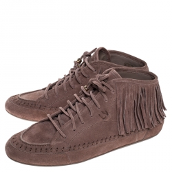 Pre Owned Louis Vuitton Beige Suede Fringe Detail Lace Up Sneakers Size 40