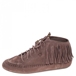 Pre Owned Louis Vuitton Beige Suede Fringe Detail Lace Up Sneakers Size 40