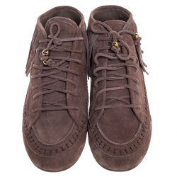 Pre Owned Louis Vuitton Beige Suede Fringe Detail Lace Up Sneakers Size 40