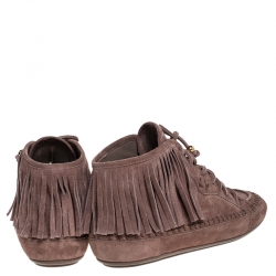 Pre Owned Louis Vuitton Beige Suede Fringe Detail Lace Up Sneakers Size 40