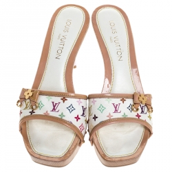 Pre Owned Louis Vuitton Multicolor Printed Monogram Canvas Charm Embellished Peep Toe Wooden Slides Size 39
