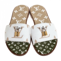 مملوكة مسبقًا Louis Vuitton White Monogram Leather Lock It Flat Sandals Size 39