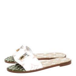 مملوكة مسبقًا Louis Vuitton White Monogram Leather Lock It Flat Sandals Size 39