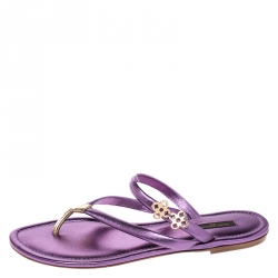مملوكة مسبقًا Louis Vuitton Metallic Purple Leather Monogram Logo Thong Sandals Size 38.5