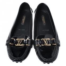 Pre Owned Louis Vuitton Black Patent Leather Oxford Logo Slip On Loafers Size 36