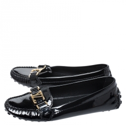 Pre Owned Louis Vuitton Black Patent Leather Oxford Logo Slip On Loafers Size 36