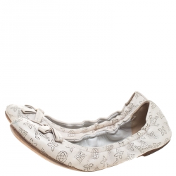 Pre Owned Louis Vuitton Off White Monogram Mahina Leather Bow Scrunch Ballet Flats Size 38.5