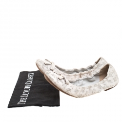 Pre Owned Louis Vuitton Off White Monogram Mahina Leather Bow Scrunch Ballet Flats Size 38.5