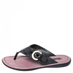 مملوكة مسبقًا Louis Vuitton Blue Denim And Patent Trim Monogram Thong Buckle Detail Sandals Size 37