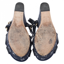 Pre Owned Louis Vuitton Blue Denim And Leather Ocean Criss Cross Wedge Sandals Size 39