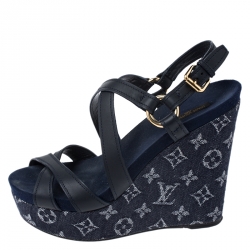 Pre Owned Louis Vuitton Blue Denim And Leather Ocean Criss Cross Wedge Sandals Size 39