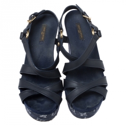 Pre Owned Louis Vuitton Blue Denim And Leather Ocean Criss Cross Wedge Sandals Size 39
