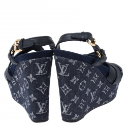 Pre Owned Louis Vuitton Blue Denim And Leather Ocean Criss Cross Wedge Sandals Size 39