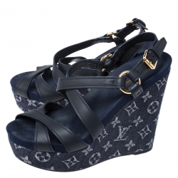 Pre Owned Louis Vuitton Blue Denim And Leather Ocean Criss Cross Wedge Sandals Size 39