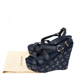 Pre Owned Louis Vuitton Blue Denim And Leather Ocean Criss Cross Wedge Sandals Size 39